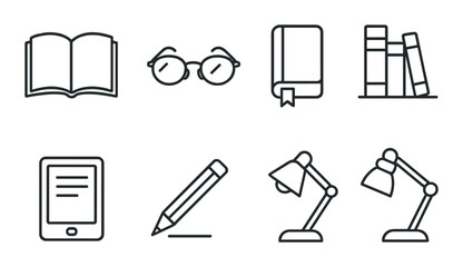 Reading time in linear style: open book, glasses, bookmark, library, bookshelf, e-reader, pencil, reading lamp.