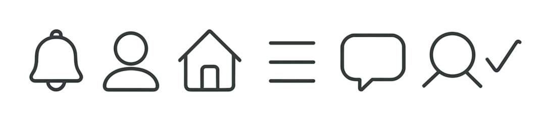 Naklejka premium Mobile interface: notification, profile, home icon, menu, settings, message, search, checkmark. Linear style, isolated, no text