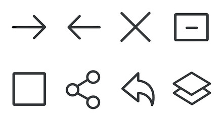 linear style icons of UI: forward arrow, back arrow, close icon, minimize, maximize, share, reply, layers.