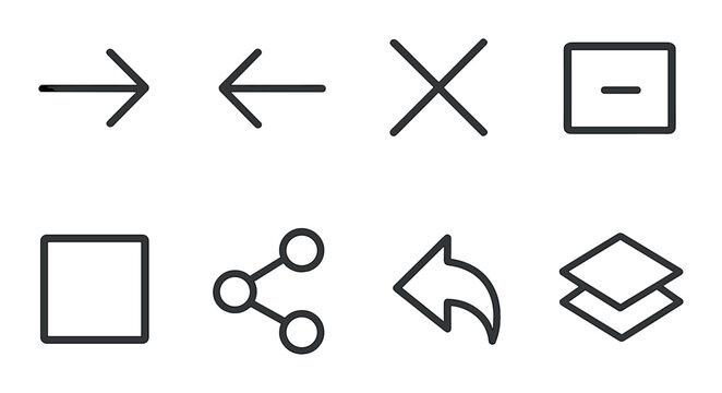 linear style icons of UI: forward arrow, back arrow, close icon, minimize, maximize, share, reply, layers.