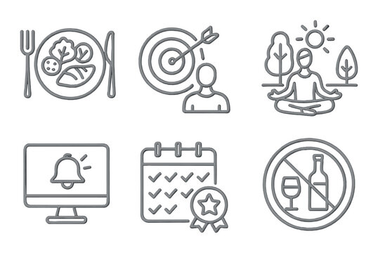 Healthy lifestyle in linear style: light dinner, personal goals icon, outdoor meditation, stretch reminder, weekly challenge, balanced routine, motivational badge, no alcohol sign.