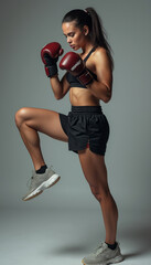 Focused female boxer training with determination