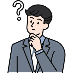Cartoon businessman thoughtfully considers a perplexing question mark above his head while dressed in a suit