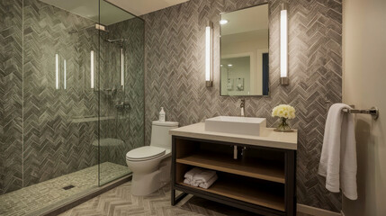 Modern bathroom design featuring herringbone tiles and sleek fixtures enhances elegance in home renovation