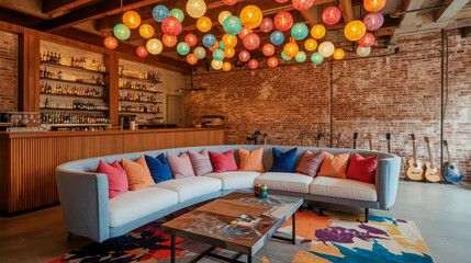 Colorful lounge party area with decorative lights and vintage decor in a modern venue