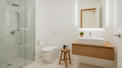 Modern bathroom design featuring a sleek shower and minimalist vanity in a contemporary home setting