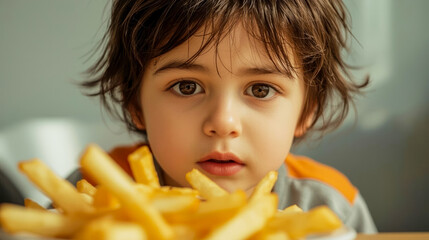 Young child enjoying a plate of golden fries in a cozy eatery during lunchtime