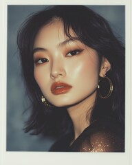 Elegant portrait of a young woman with striking makeup and bold accessories in a soft background