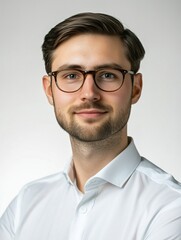 Obraz premium Young man in glasses poses confidently against a light background, exuding professionalism and approachability at a photo shoot