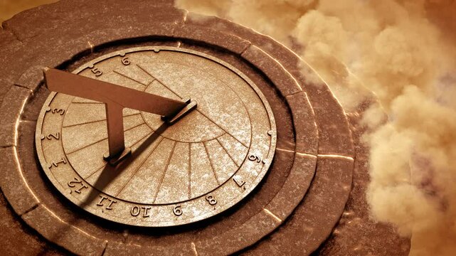 Old sundial in the clouds showing time as the sun moves. 3d animation. 4k.