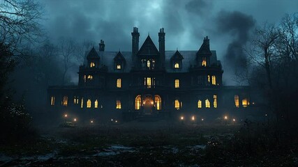 Dark, ominous Victorian mansion shrouded in mist, dimly lit - Powered by Adobe