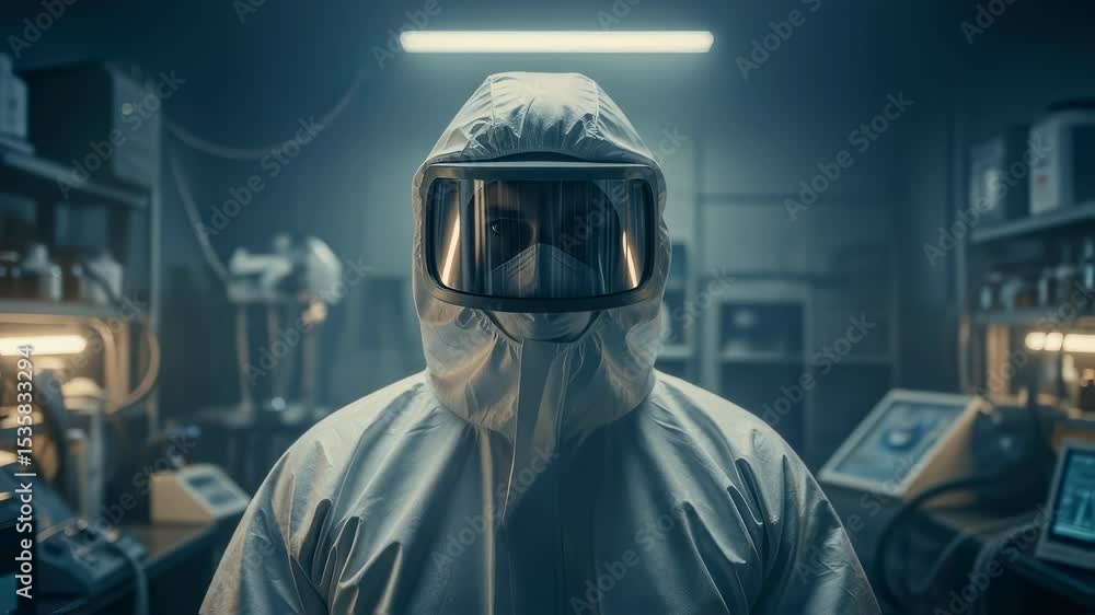 Poster man in hazmat suit stands in a dark laboratory, revealing a hidden truth about alien contact through