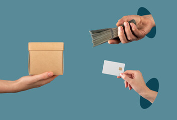 Delivery and payment concept with hands exchanging a credit card for a purchase. Cardboard package,