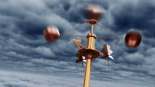 An anemometer spinning in the wind against a backdrop of flying thunderclouds. 3d animation. 4k.