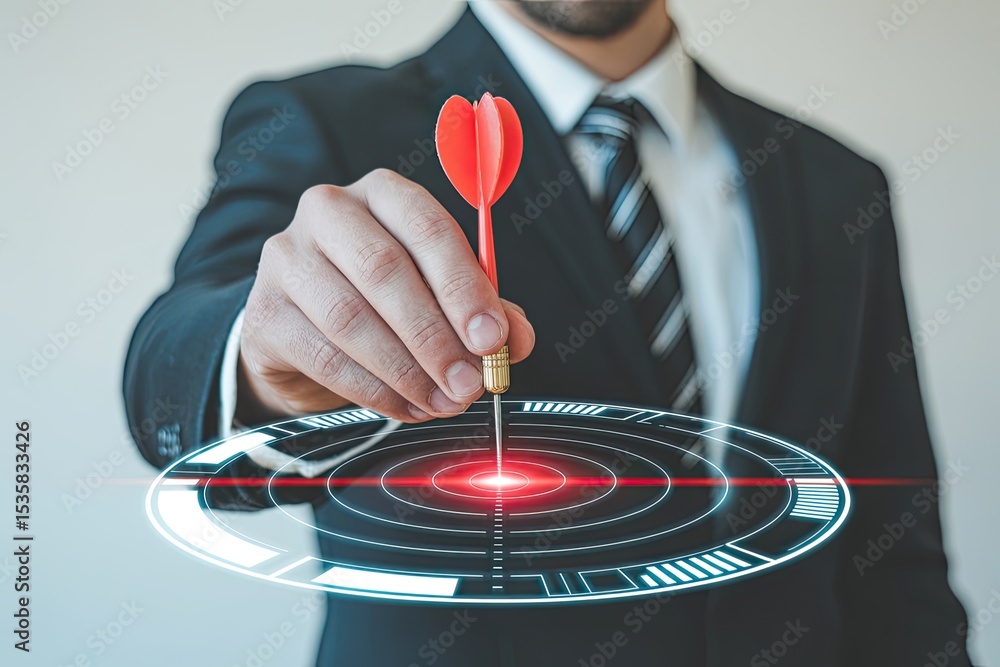 Poster businessman achieving success targeting goals with dart on futuristic interface