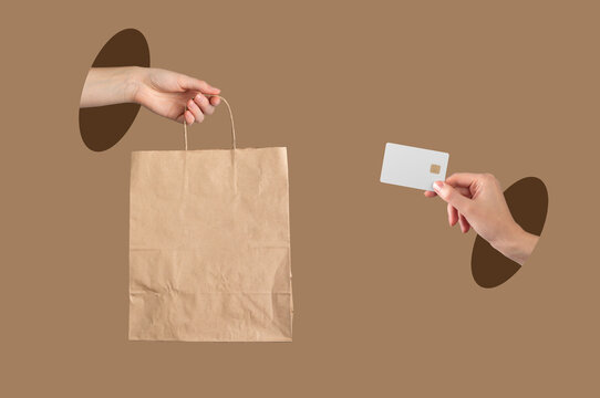 Delivery concept with shopping bag and contactless payment card. Hands exchanging goods in secure,