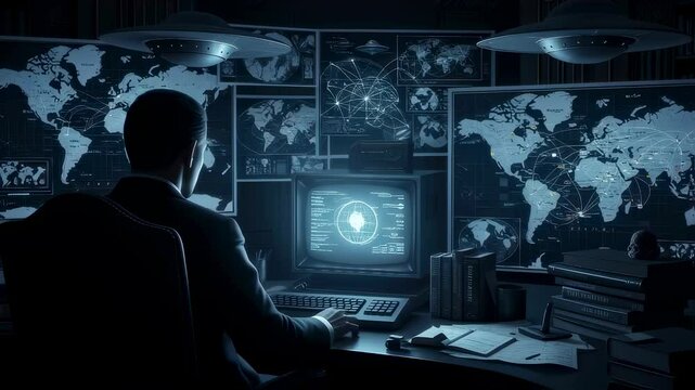 Man investigates global ufo sightings on complex monitor network, uncovering conspiracy and alien presence footage.