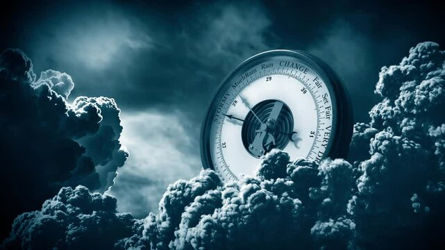 Barometer in the clouds showing worsening weather. 3d animation. 4k.