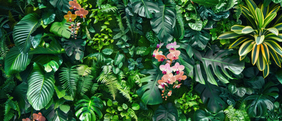 Tropical green wall with orchids and foliage, background banner design. 
