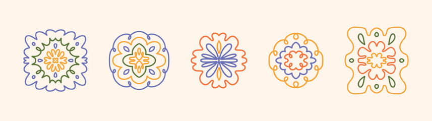 Set of Colorful Hand Drawn Floral Geometric Elements. Retro Spring Ornaments with Naive Botanical Shapes. Isolated Decorative Motifs for Stickers, Cards, Textile. Vector Illustration