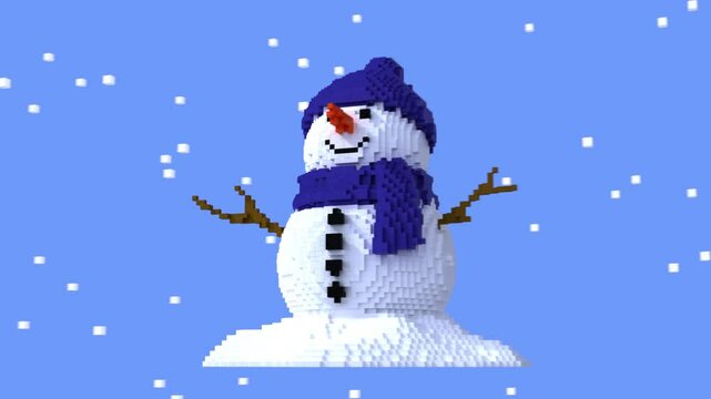 Transformation of 3D pixel into digital snowman. Seamless loop. 3D animation. 4k.