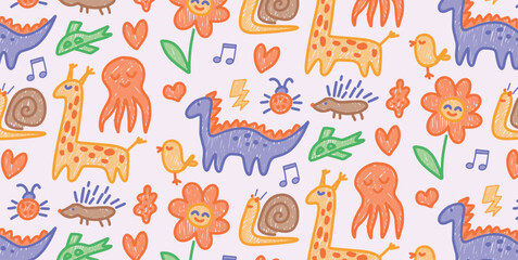 Childlike seamless pattern with giraffes and dinosaurs drawn in colored pencil style. Includes birds, flowers, snails and octopuses with playful sketchy texture. Vector illustration design.