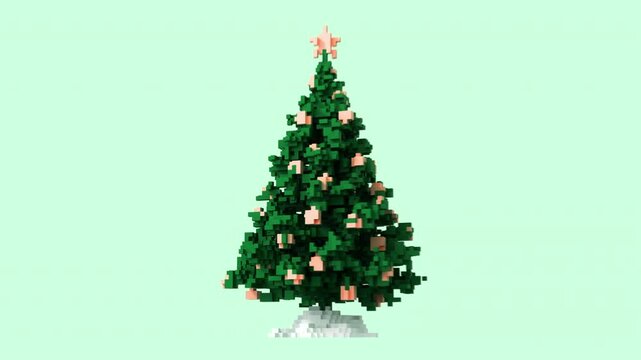 Transformation of 3D pixel into digital Christmas tree. Seamless loop. 3D animation. 4k.