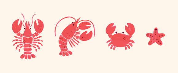 Isolated watercolor illustrations of lobster crab starfish on light background. Red marine animals in flat hand drawn doodle cartoon style. Vector illustration for summer cards or print. © roze ultra