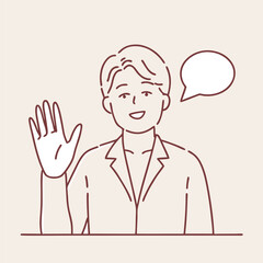 Smiling Asian man in jacket waves hello with an empty speech bubble nearby