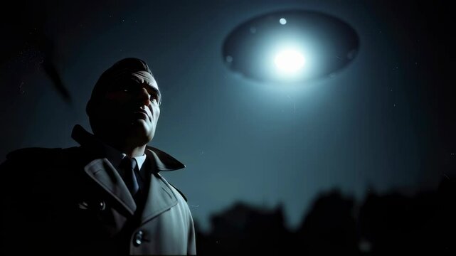 Manly man in trench coat looking up at a glowing ufo in a night sky, conspiracy theory footage