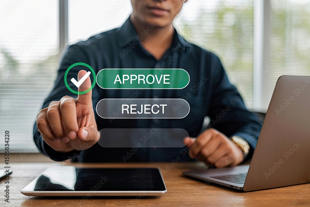Poster businessman approving a project on a digital interface with approve and reject buttons