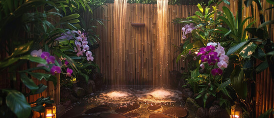 Tropical outdoor spa shower with orchids and bamboo, luxury hotel spa design background. 
