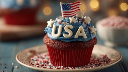 Close-up of patriotic cupcake with blue frosting, USA letters, and miniature American flag on festive table &mdash; perfect for Independence Day dessert promotions and celebratory food visuals