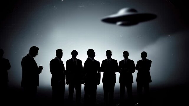 Men in dark suits stand silhouetted under flying saucer, revealing secret meeting about alien conspiracy footage.