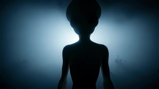 Alien silhouette in thick fog with bright white light behind it, horror concept and ufo science fiction scene footage