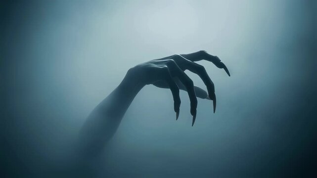 Scary creature hand with long sharp nails claws reaching out of mist. Horror Halloween concept. Creepy alien monster footage.