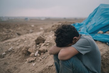 Young refugee hiding face feeling despair in makeshift camp