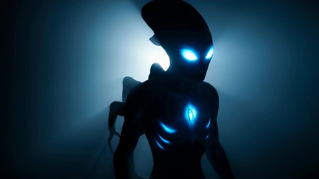 Alien creature from another planet emerging from fog or smoke beam of light in dark space, concept of horror, scary footage.
