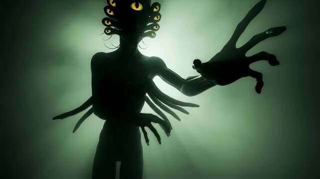 Terrifying eyeless alien creature with multiple glowing yellow eyes covered in smoke. Horror monster from other planet, scary concept footage.