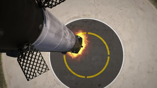 The first stage of a private reusable rocket returns to Earth and lands on a landing pad. View from above. 3D animation. 4k.