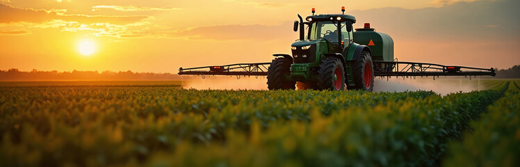 Tractor sprays pesticides on lush green crops field at sunset. Agricultural machine irrigates cultivated land. Agribusiness, farming, harvest, growth, eco technologies.