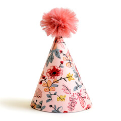 Floral party hat with pompom on white background