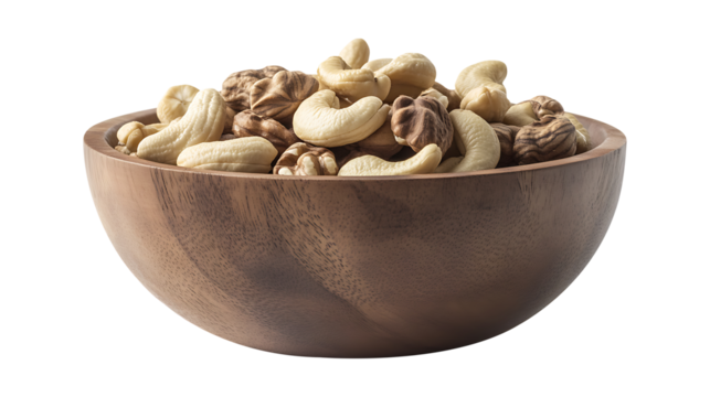 Healthy Raw Cashew Nuts in Rustic Wooden Bowl on Transparent Background, png