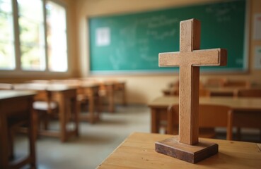 Wooden cross stands on desk in empty school classroom with green chalkboard. Symbol of faith, education, religion and hope. Christian belief, learning environment.
