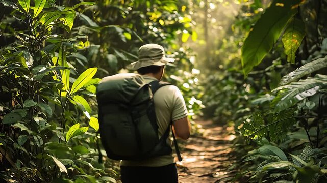 Photographer Hiking in Jungle Capturing Nature