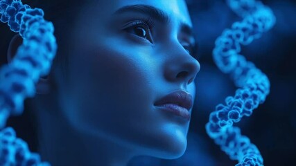 Serene female face surrounded by DNA helixes, illuminated in cool blue tones - Powered by Adobe