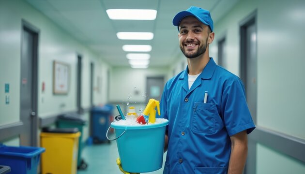 Smiling male janitor in blue uniform stands in hospital corridor. Janitor holds cleaning tools in bucket. Job includes hygiene, cleaning, health care. Hospital staff, employees, pro. Clean work