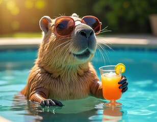 Capybara relaxes in swimming pool, wearing sunglasses, holding refreshing cocktail with lemon. Tropical vacation, summer fun. Rodent enjoys sunny day, leisure activity in resort pool.