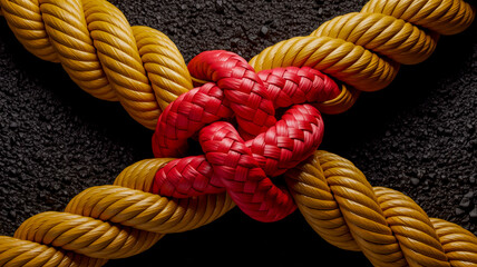 Close-up of strong metal chains with a red safety rope and yellow climbing cord, securely tied with a knot.