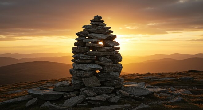 Stone tower at sunset dramatic landscape silhouette